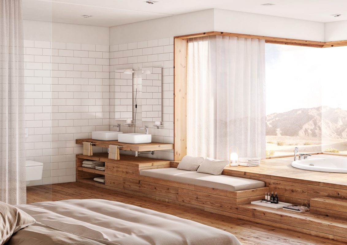 Pon mucha madera en tu baño para seguir el estilo feng shui.